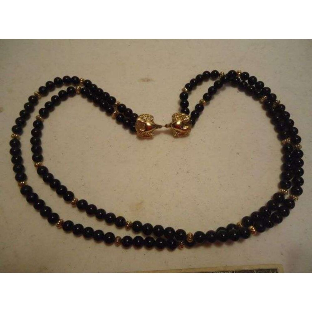 Kenneth Jay Lane Signed For Avon, Double Strand Black Beaded Necklace and Gold P